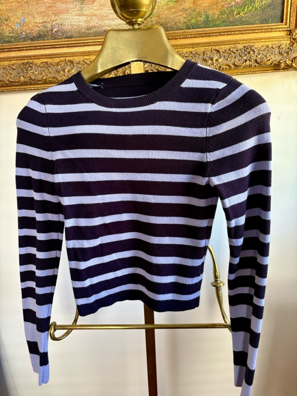 Anthropologie Maeve Striped Crewneck Long-Sleeve Knit Top XS Navy and Light Blue